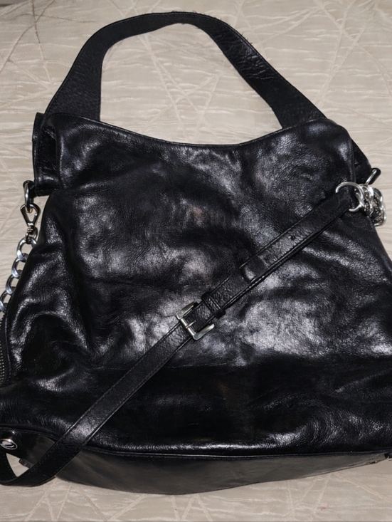 Michael Kors Black Glazed Leather Trapeze Hobo Crossbody Bag Silver Chain - Picture 5 of 5